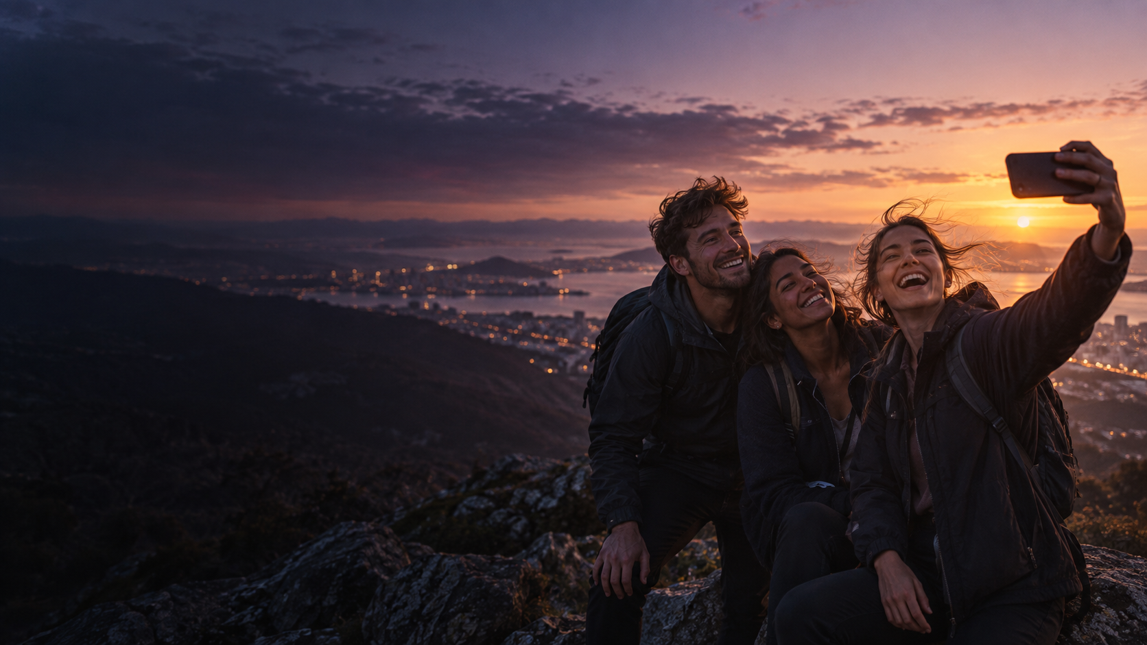 Three friends at sunrise after completing a shared quest.
