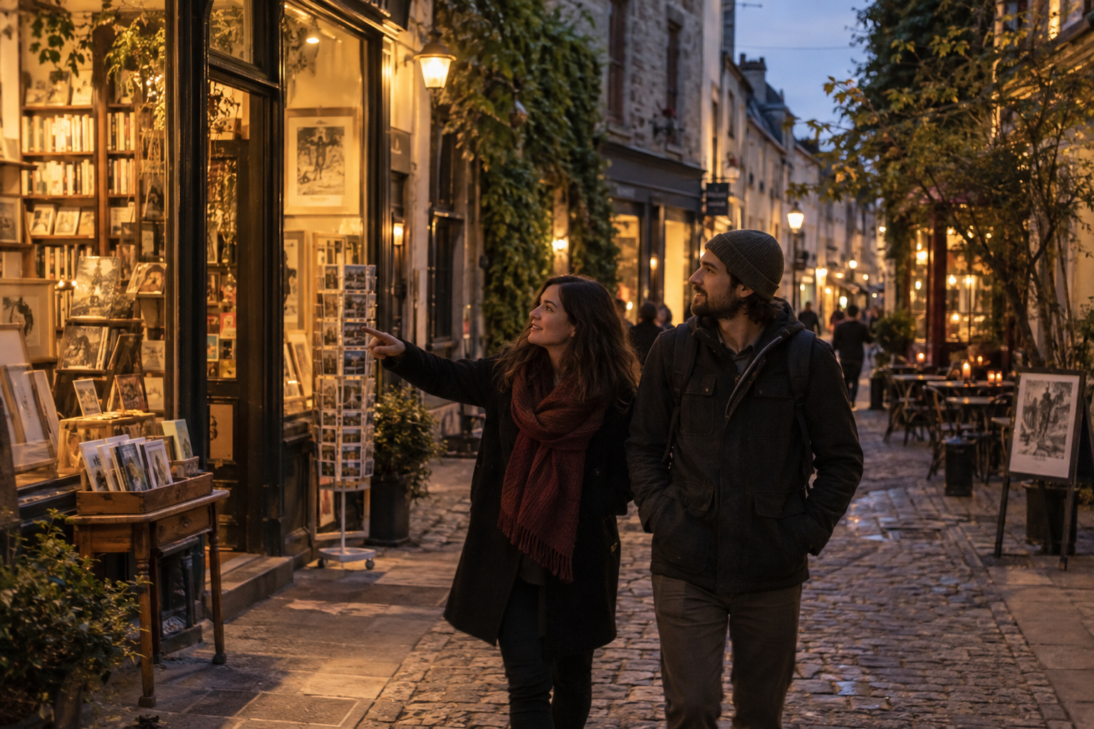 Two friends exploring a bookshop-lined street at dusk.