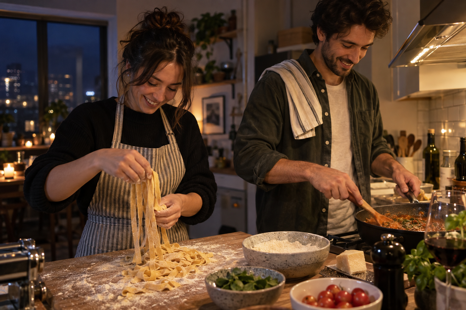 Two friends cooking fresh pasta together at home.