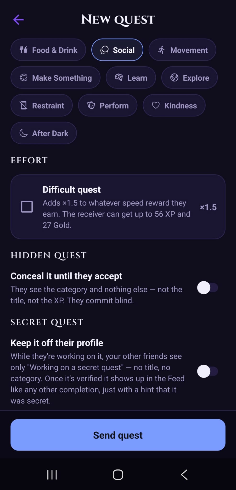 Ventemori's New Quest details screen with category, effort, hidden quest, and secret quest options.