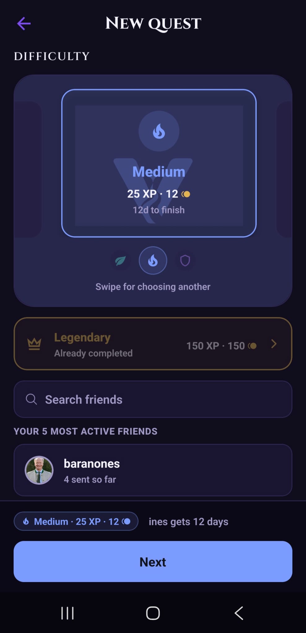 Ventemori's New Quest screen showing the Medium difficulty selected and a friend ready to receive the quest.