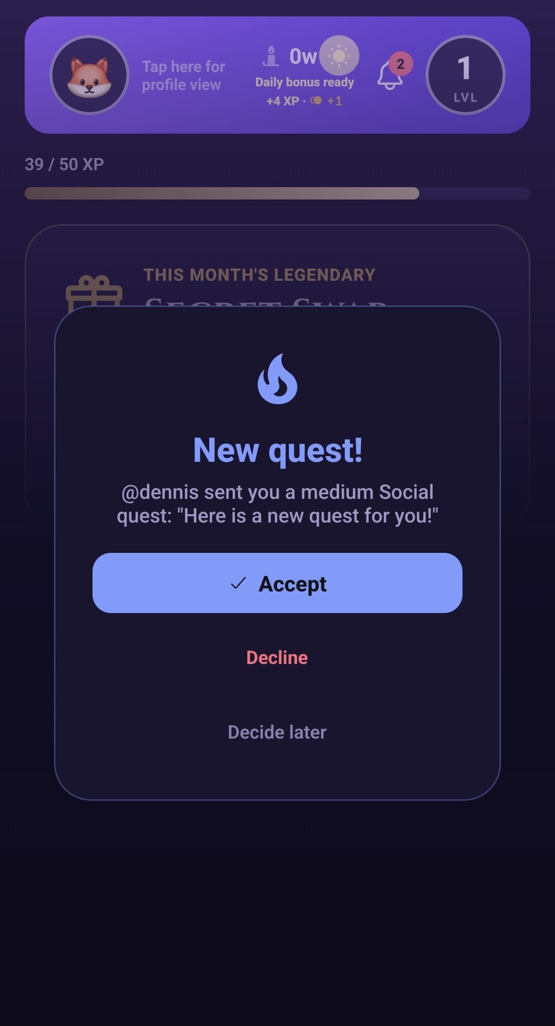 A Ventemori quest invitation awaiting a friend's acceptance.